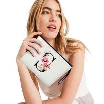 Vavabox A-Z Personalized Makeup Bag, Birthday Gifts for Women Mom, Gifts for Best Friend, Bride Bridesmaid Cosmetic bag (S, White)