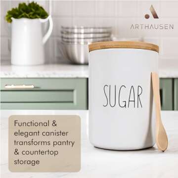 Arthausen White Ceramic Storage Jar Canister for Sugar - Airtight Bamboo Lid w/Silicone Seal, Spoon - Modern Abstract Art Design for Kitchen Counter or Bathroom - 4 cup / 1080mL