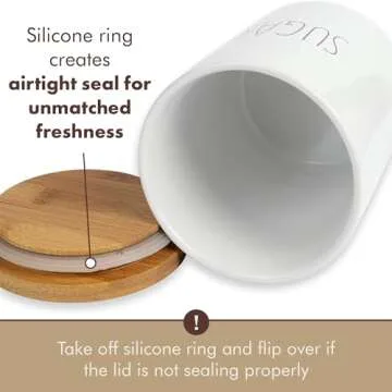 Arthausen White Ceramic Storage Jar Canister for Sugar - Airtight Bamboo Lid w/Silicone Seal, Spoon - Modern Abstract Art Design for Kitchen Counter or Bathroom - 4 cup / 1080mL