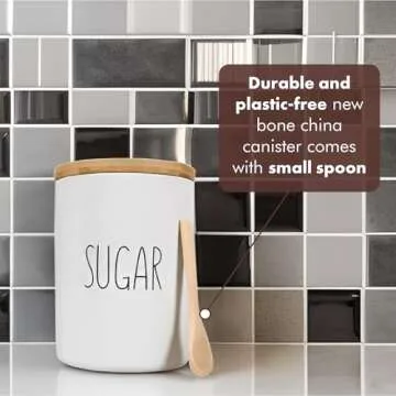 Arthausen White Ceramic Storage Jar Canister for Sugar - Airtight Bamboo Lid w/Silicone Seal, Spoon - Modern Abstract Art Design for Kitchen Counter or Bathroom - 4 cup / 1080mL