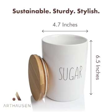 Arthausen White Ceramic Storage Jar Canister for Sugar - Airtight Bamboo Lid w/Silicone Seal, Spoon - Modern Abstract Art Design for Kitchen Counter or Bathroom - 4 cup / 1080mL