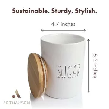 Arthausen White Ceramic Storage Jar Canister for Sugar - Airtight Bamboo Lid w/Silicone Seal, Spoon - Modern Abstract Art Design for Kitchen Counter or Bathroom - 4 cup / 1080mL