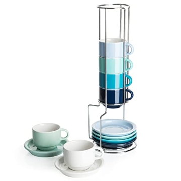 Sweese Porcelain Stackable Espresso Cups with Saucers and Metal Stand - 2.5 Ounce for Specialty Coff...