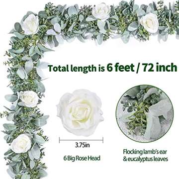 Miracliy 6 Ft Eucalyptus Garland with Flowers, Lambs Ear Greenery White Roses Flower Garland Fake Vi...