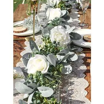 Miracliy 6 Ft Eucalyptus Garland with Flowers, Lambs Ear Greenery White Roses Flower Garland Fake Vines for Wedding Boho Table Mantle Backdrop Party Farmhouse Home Decor