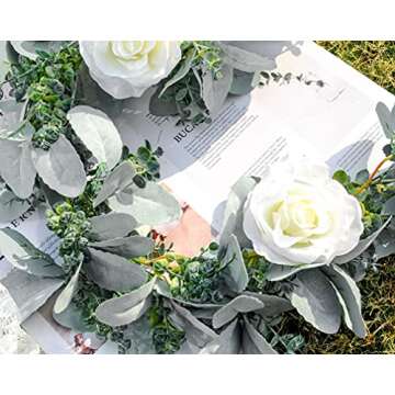 Miracliy 6 Ft Eucalyptus Garland with Flowers, Lambs Ear Greenery White Roses Flower Garland Fake Vines for Wedding Boho Table Mantle Backdrop Party Farmhouse Home Decor