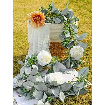 Miracliy 6 Ft Eucalyptus Garland with Flowers, Lambs Ear Greenery White Roses Flower Garland Fake Vines for Wedding Boho Table Mantle Backdrop Party Farmhouse Home Decor
