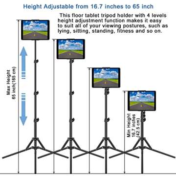 SAMHOUSING Tripod Floor Stand, with 65 inch Height Adjustable Stand Holder & 360° Rotating iPad Tripod Mount for iPad Pro, iPhone, Kindle, and All 4.5-12.9 Inch Tablets