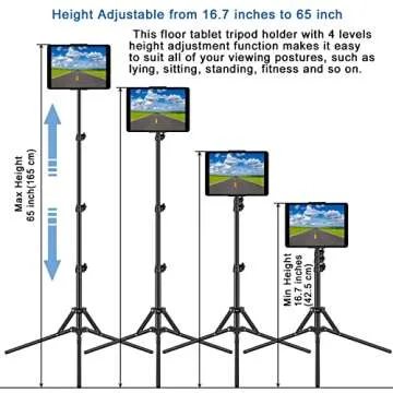 SAMHOUSING Tripod Floor Stand, with 65 inch Height Adjustable Stand Holder & 360° Rotating iPad Tripod Mount for iPad Pro, iPhone, Kindle, and All 4.5-12.9 Inch Tablets