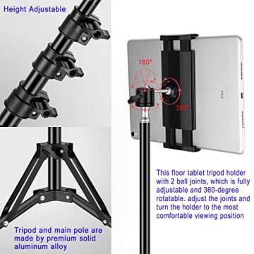 SAMHOUSING Tripod Floor Stand, with 65 inch Height Adjustable Stand Holder & 360° Rotating iPad Tripod Mount for iPad Pro, iPhone, Kindle, and All 4.5-12.9 Inch Tablets