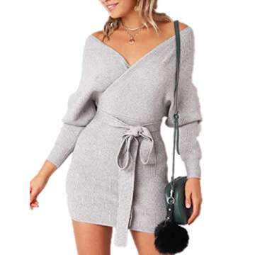 Zonsaoja Women's Sweater Dress Sexy V Neck Long Sleeve Backless Wrap Knitted Mini Dresses Grey S