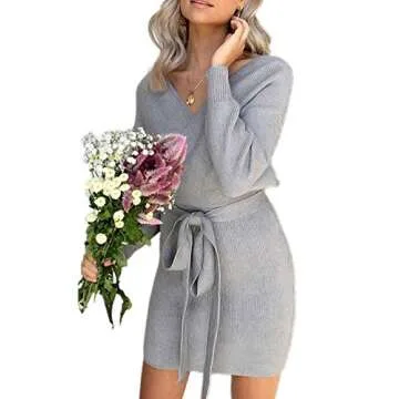Zonsaoja Women's Sweater Dress Sexy V Neck Long Sleeve Backless Wrap Knitted Mini Dresses Grey S