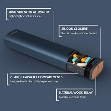 HigherHuman 7 Day Weekly Pill Organizer by mbarc - Premium Stylish Aluminum and Wood Large Capacity ...