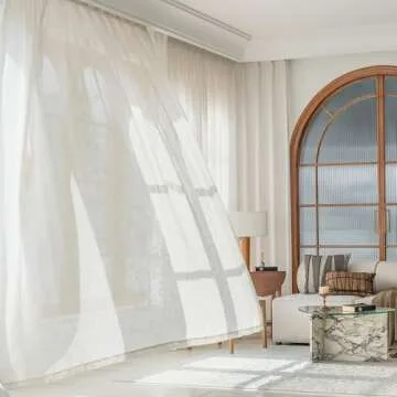 FMFUNCTEX Linen Semi Sheer Curtains for Bedroom, Natural Curtains 45 Inches Long for Living Room, Country Farmhouse Sheer Short Drapes, Light Filtering Window Curtains, Grommet Top 2 Panels