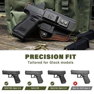 G19 IWB Holster - Compatible with Glock 19/19X (Gen 3-5) Glock 44/45 Glock 23/32 (Gen 3-4) - Right Hand - Inside Waist Concealed Carry Accessories - Kydex and Leather Hybrid by MUNALO