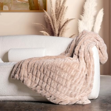 Luxury Tan Faux Rabbit Fur Throw Blanket - Elegant, Soft & Washable