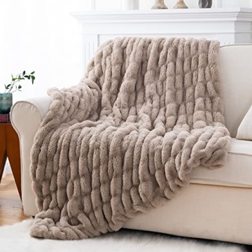 Soft Tan Faux Rabbit Fur Throw Blanket Elegant Washable