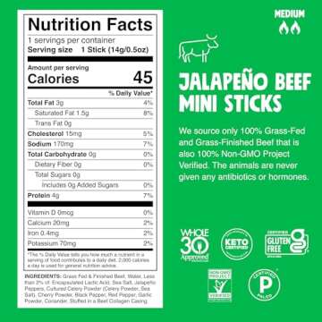 Chomps Snack Size Grass-Fed and Finished Jalapeño Beef Jerky Snack Sticks 0.5oz 24-Pack - Keto, Pal...
