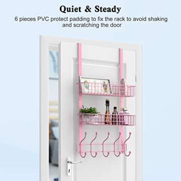 MILIJIA Coat Rack, Over the Door Hanger with Mesh Basket, Detachable Storage Shelf for Towels, Hats, Handbags, Coats (Pink-2 Baskets)
