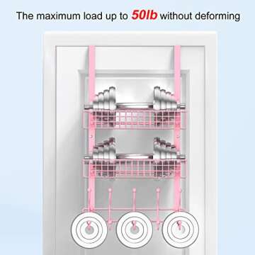 MILIJIA Coat Rack, Over the Door Hanger with Mesh Basket, Detachable Storage Shelf for Towels, Hats, Handbags, Coats (Pink-2 Baskets)
