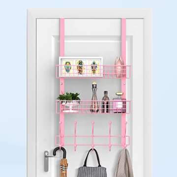 MILIJIA Coat Rack, Over the Door Hanger with Mesh Basket, Detachable Storage Shelf for Towels, Hats, Handbags, Coats (Pink-2 Baskets)