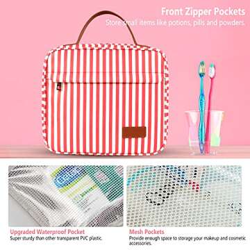 WDLHQC Hanging Travel Toiletry Bag with Hook | Water Proof Zip Bag with 4 Compartments + 2 Outer Zip Pockets | Cosmetic Travel Bag for Toiletries | Travel Essentials for Women & Men (Red Stripe)
