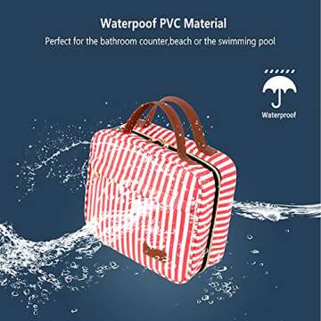 WDLHQC Hanging Travel Toiletry Bag with Hook | Water Proof Zip Bag with 4 Compartments + 2 Outer Zip Pockets | Cosmetic Travel Bag for Toiletries | Travel Essentials for Women & Men (Red Stripe)