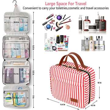 WDLHQC Hanging Travel Toiletry Bag with Hook | Water Proof Zip Bag with 4 Compartments + 2 Outer Zip Pockets | Cosmetic Travel Bag for Toiletries | Travel Essentials for Women & Men (Red Stripe)