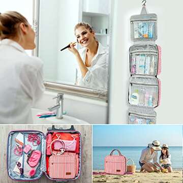 WDLHQC Hanging Travel Toiletry Bag with Hook | Water Proof Zip Bag with 4 Compartments + 2 Outer Zip Pockets | Cosmetic Travel Bag for Toiletries | Travel Essentials for Women & Men (Red Stripe)