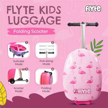 Flyte Fifi the Flamingo Scooter Suitcase - 2-in-1, 18 inch Ride on Suitcase for Kids, 25 Litre Capac...