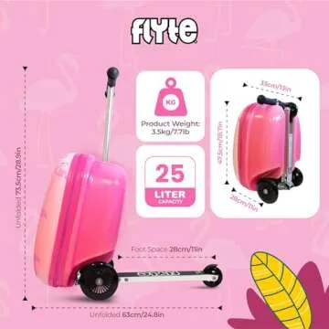 Flyte Fifi the Flamingo Scooter Suitcase - 2-in-1, 18 inch Ride on Suitcase for Kids, 25 Litre Capacity Kids' Luggage on Wheels for Boys and Girls Aged 4+, Rideable Carry on Children's Suitcase
