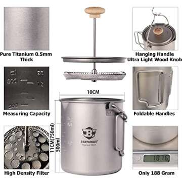 Bestargot Titanium Pot 750ml, Camping French Press, Portable Ultralight Coffee Maker for Campers, Backpackers, Lightweight Hiking, Jungle Survival, Fits Outdoor Stoves
