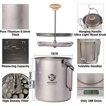 Bestargot Titanium Pot 750ml, Camping French Press, Portable Ultralight Coffee Maker for Campers, Backpackers, Lightweight Hiking, Jungle Survival, Fits Outdoor Stoves