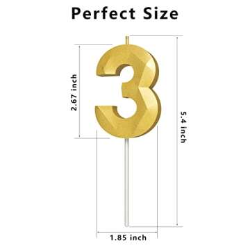 Number Birthday Candles(3 Candle Gold) 3D Diamond Shape Number Happy Birthday Cake Candles for Birth...