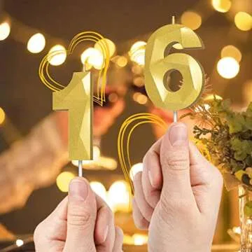 Number Birthday Candles(3 Candle Gold) 3D Diamond Shape Number Happy Birthday Cake Candles for Birthday Party Wedding Decoration Reunions Theme Party