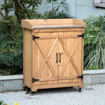 TAKUKA Outdoor Wooden Potting Bench with Wheels and Storage