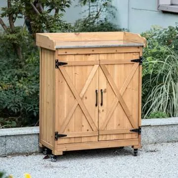 TAKUKA Outdoor Wooden Potting Bench with Wheels and Storage
