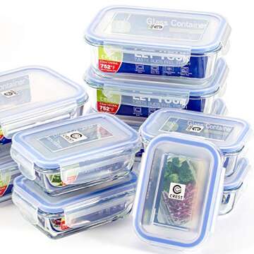 Glass Food Storage Containers with Airtight Lids (10-Pack) - Glass Lunch Containers - Meal Prep Containers for Kitchen, Home Use