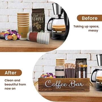 QUALLON Coffee Station Organizer with Small Removable Dividers, Wooden Coffee Bar Accessories Storage For Countertop, Farmhouse Kcup Coffee Pod Holder Basket With Handle For Coffee Lover