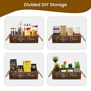 QUALLON Coffee Station Organizer with Small Removable Dividers, Wooden Coffee Bar Accessories Storage For Countertop, Farmhouse Kcup Coffee Pod Holder Basket With Handle For Coffee Lover
