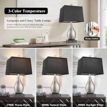 ROTTOGOON Table Lamps Set of 2 with USB A+C Ports, 22.5" Modern Bedside Lamps, 3-Color Temperature Classy NightstandLamp with Black Rectangular Shadefor Living Room, Bedroom(LED Bulbs Included)