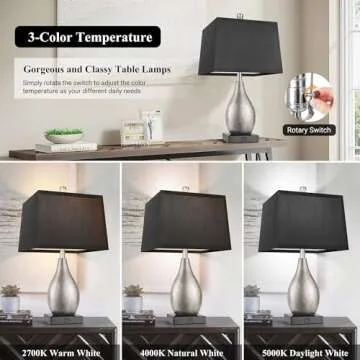 ROTTOGOON Table Lamps Set of 2 with USB A+C Ports, 22.5" Modern Bedside Lamps, 3-Color Temperature Classy NightstandLamp with Black Rectangular Shadefor Living Room, Bedroom(LED Bulbs Included)