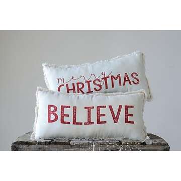 Creative Co-Op 18" Polyester Lumbar Merry Christmas & Fringe Trim Pillow, Red