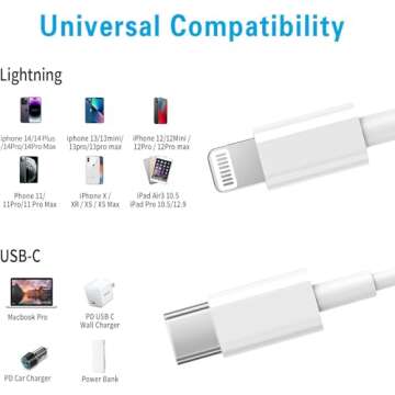 RCTech USB C to Lightning Cable 3Pack 6FT [MFi Certified] iPhone Fast Charger Cable USB-C Power Delivery Charging Cord for iPhone 14/13/12/11/XS/XR/X/8/iPad, White