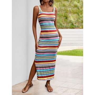 PRETTYGARDEN Tank Dress for Women 2025 Summer Casual Striped Maxi Dresses Fitted Square Neck Beach V...