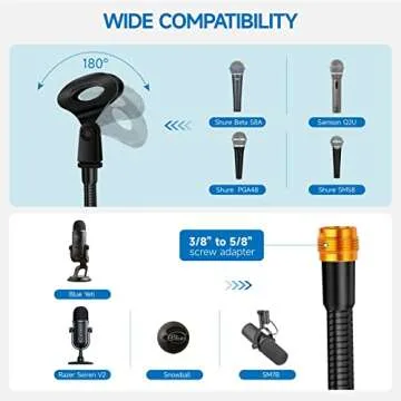 Microphone Stand 13" Flexible Gooseneck Desktop Mic Stand Multi-Function Mic Stand Phone Holder with Upgraded Mic Clip and Heavy Duty Desk Clamp, 3/8" to 5/8" Screw Adapter for Blue Yeti & Other Mic