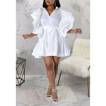 Ecirod Women Short Sleeve Casual Summer Dress V Neck Tie Waist Ruffle A Line Mini Dresses White