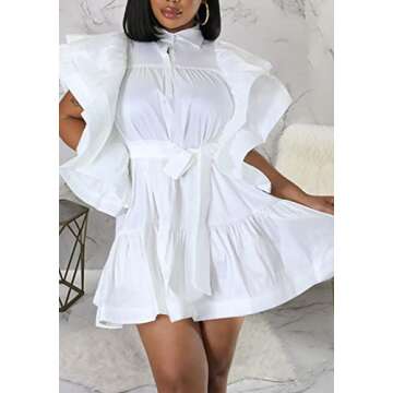 Ecirod Women Short Sleeve Casual Summer Dress V Neck Tie Waist Ruffle A Line Mini Dresses White