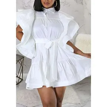 Ecirod Women Short Sleeve Casual Summer Dress V Neck Tie Waist Ruffle A Line Mini Dresses White