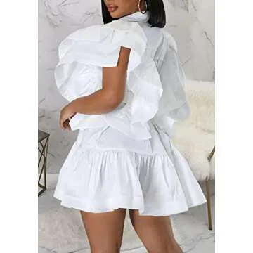 Ecirod Women Short Sleeve Casual Summer Dress V Neck Tie Waist Ruffle A Line Mini Dresses White